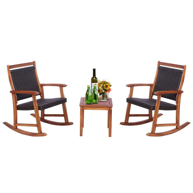 3 Pieces Outdoor Rocking Bistro Set, Acacia Wood & Rattan Patio Rocking Chairs with Side Table for Backyard, Garden, Porch