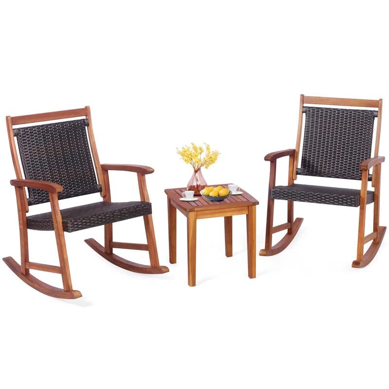 3 Pieces Outdoor Rocking Bistro Set, Acacia Wood & Rattan Patio Rocking Chairs with Side Table for Backyard, Garden, Porch