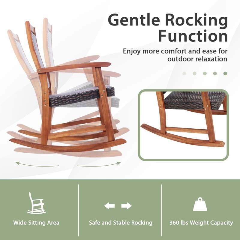 3 Pieces Outdoor Rocking Bistro Set, Acacia Wood & Rattan Patio Rocking Chairs with Side Table for Backyard, Garden, Porch