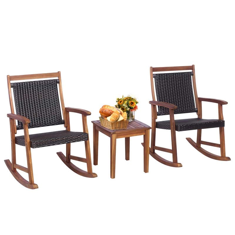 3 Pieces Outdoor Rocking Bistro Set, Acacia Wood & Rattan Patio Rocking Chairs with Side Table for Backyard, Garden, Porch