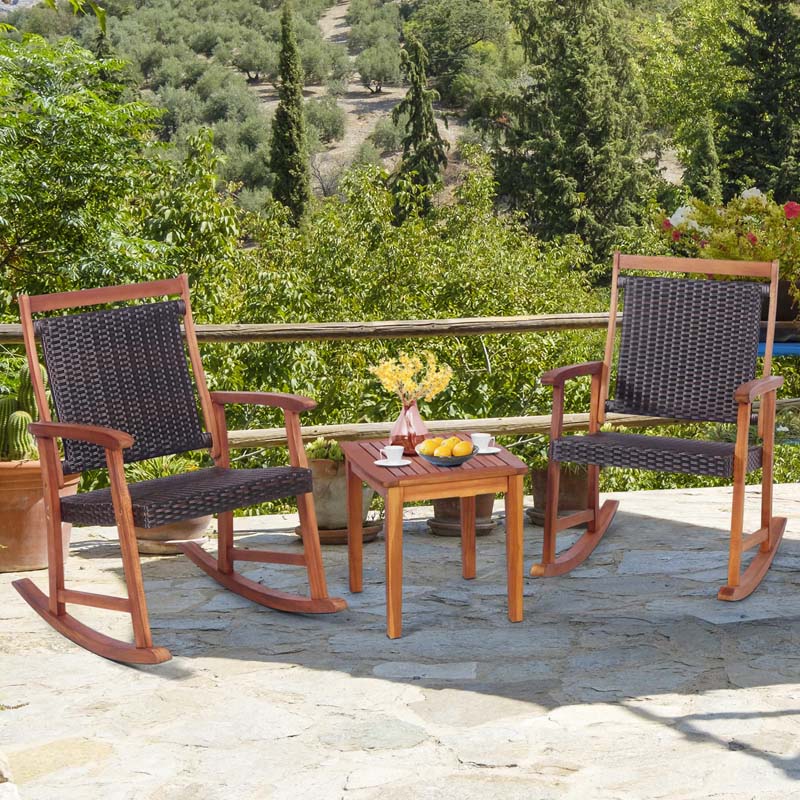 3 Pieces Outdoor Rocking Bistro Set, Acacia Wood & Rattan Patio Rocking Chairs with Side Table for Backyard, Garden, Porch
