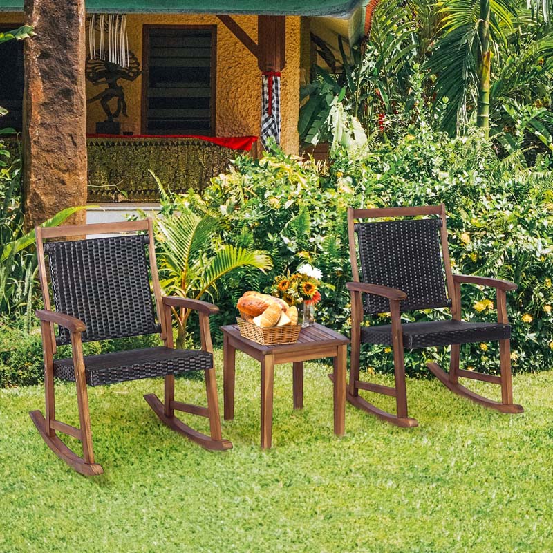 3 Pieces Outdoor Rocking Bistro Set, Acacia Wood & Rattan Patio Rocking Chairs with Side Table for Backyard, Garden, Porch