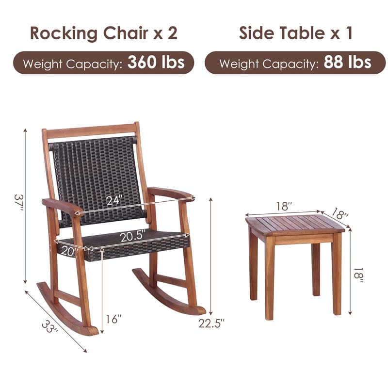 3 Pieces Outdoor Rocking Bistro Set, Acacia Wood & Rattan Patio Rocking Chairs with Side Table for Backyard, Garden, Porch