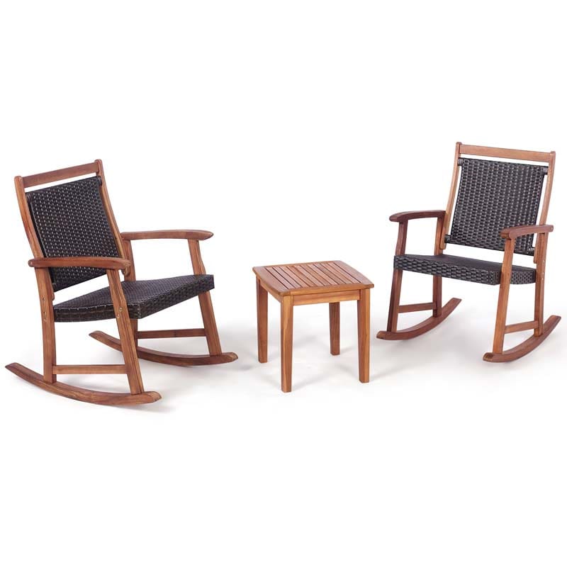 3 Pieces Outdoor Rocking Bistro Set, Acacia Wood & Rattan Patio Rocking Chairs with Side Table for Backyard, Garden, Porch