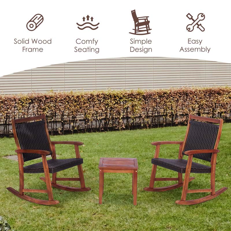 3 Pieces Outdoor Rocking Bistro Set, Acacia Wood & Rattan Patio Rocking Chairs with Side Table for Backyard, Garden, Porch