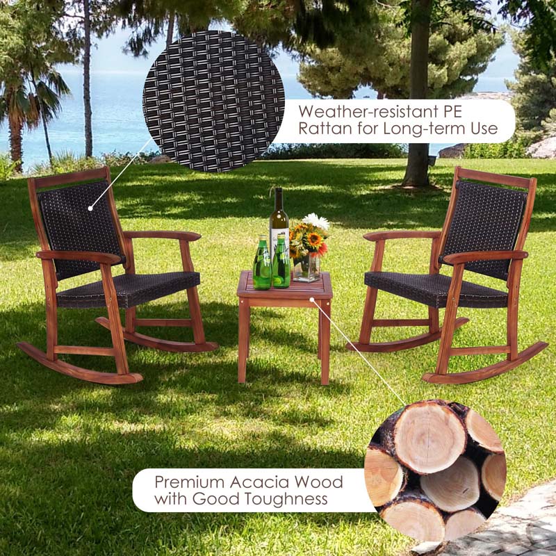 3 Pieces Outdoor Rocking Bistro Set, Acacia Wood & Rattan Patio Rocking Chairs with Side Table for Backyard, Garden, Porch