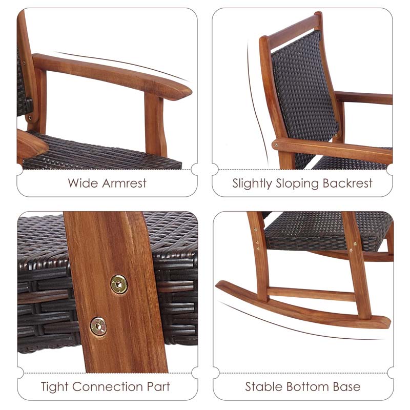 3 Pieces Outdoor Rocking Bistro Set, Acacia Wood & Rattan Patio Rocking Chairs with Side Table for Backyard, Garden, Porch