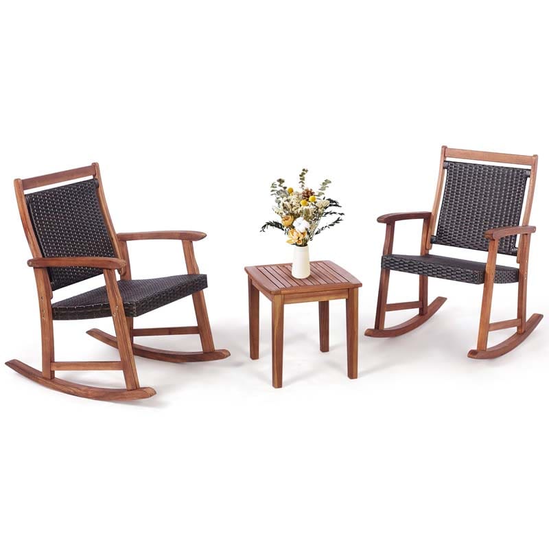 3 Pieces Outdoor Rocking Bistro Set, Acacia Wood & Rattan Patio Rocking Chairs with Side Table for Backyard, Garden, Porch