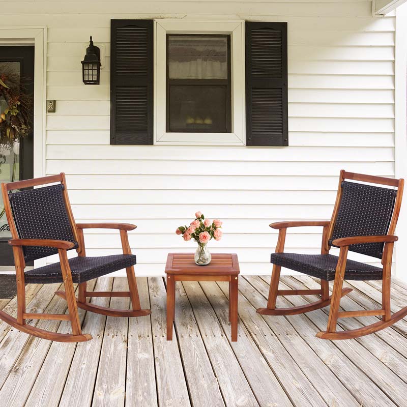 3 Pieces Outdoor Rocking Bistro Set, Acacia Wood & Rattan Patio Rocking Chairs with Side Table for Backyard, Garden, Porch