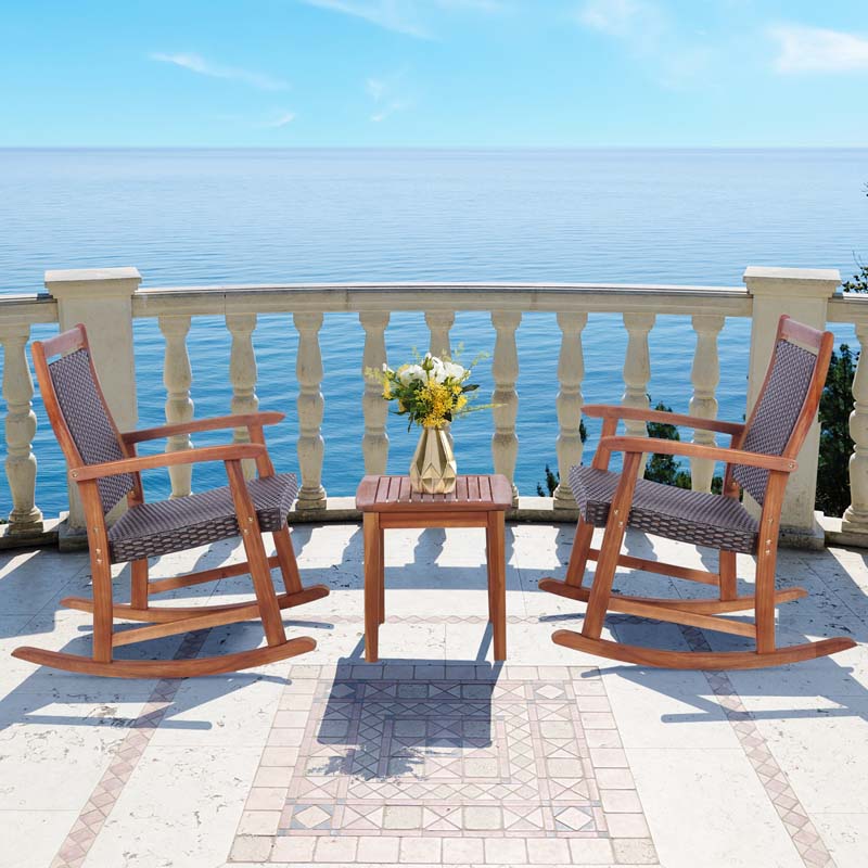 3 Pieces Outdoor Rocking Bistro Set, Acacia Wood & Rattan Patio Rocking Chairs with Side Table for Backyard, Garden, Porch