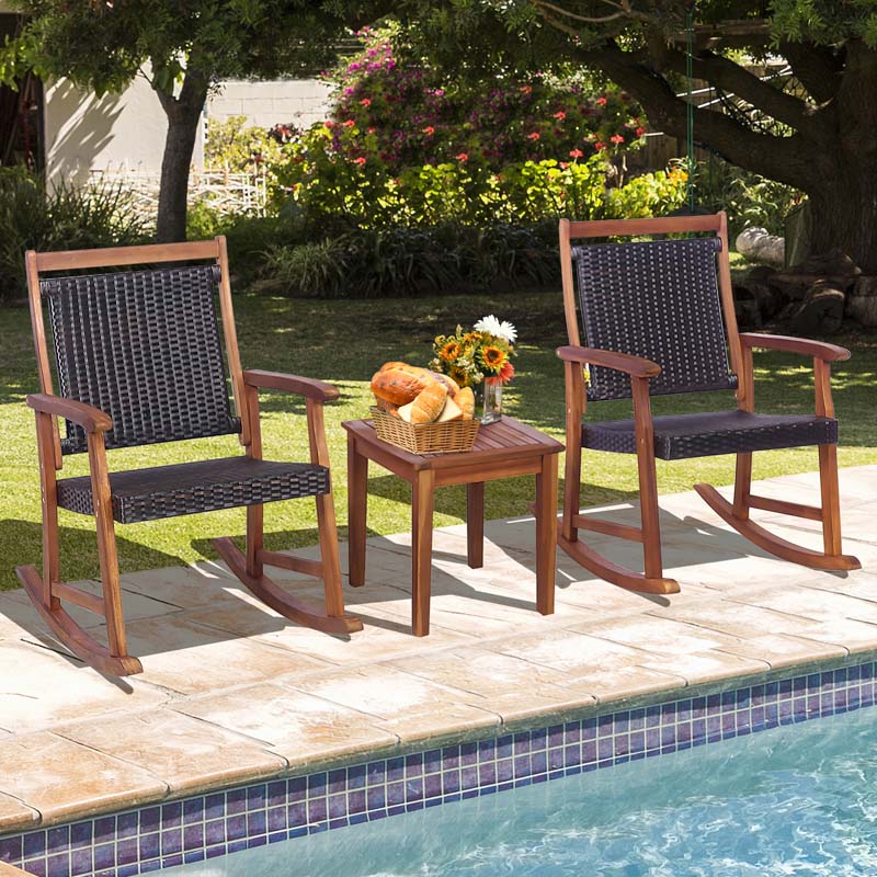 3 Pieces Outdoor Rocking Bistro Set, Acacia Wood & Rattan Patio Rocking Chairs with Side Table for Backyard, Garden, Porch