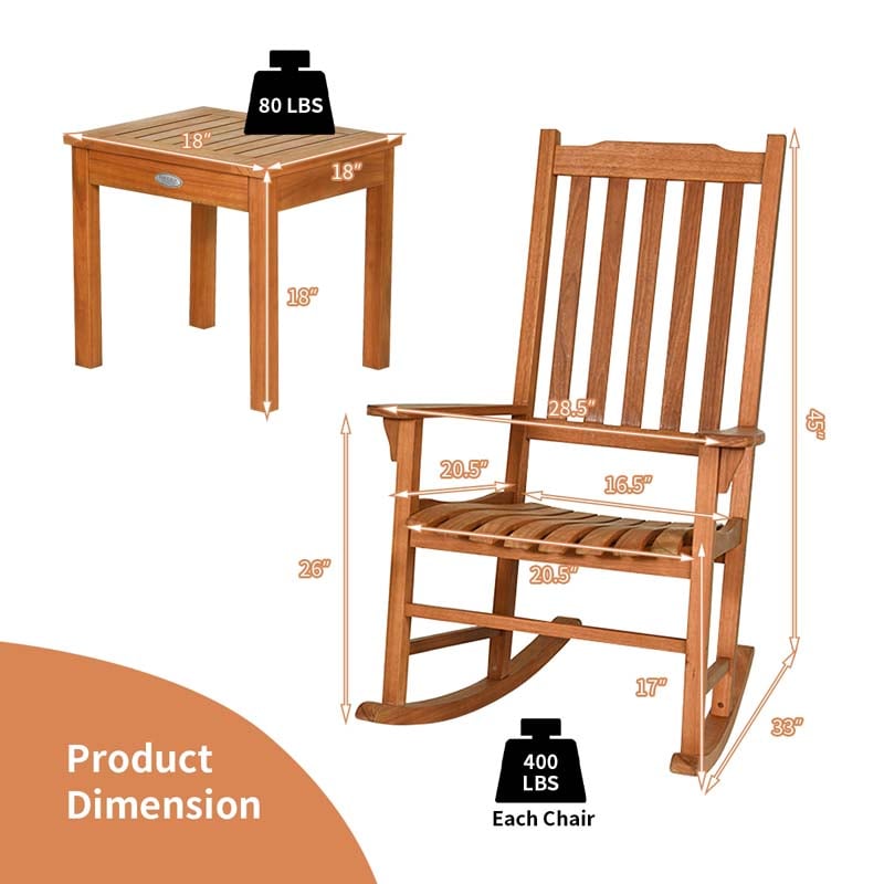 3 Piece Eucalyptus Wood Patio Rocking Chair Set, Outdoor Rocker Bistro Set with Coffee Table for Backyard, Balcony