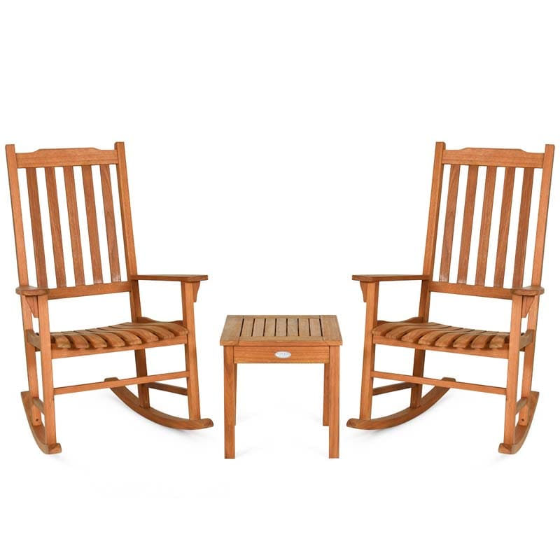 3 Piece Eucalyptus Wood Patio Rocking Chair Set, Outdoor Rocker Bistro Set with Coffee Table for Backyard, Balcony