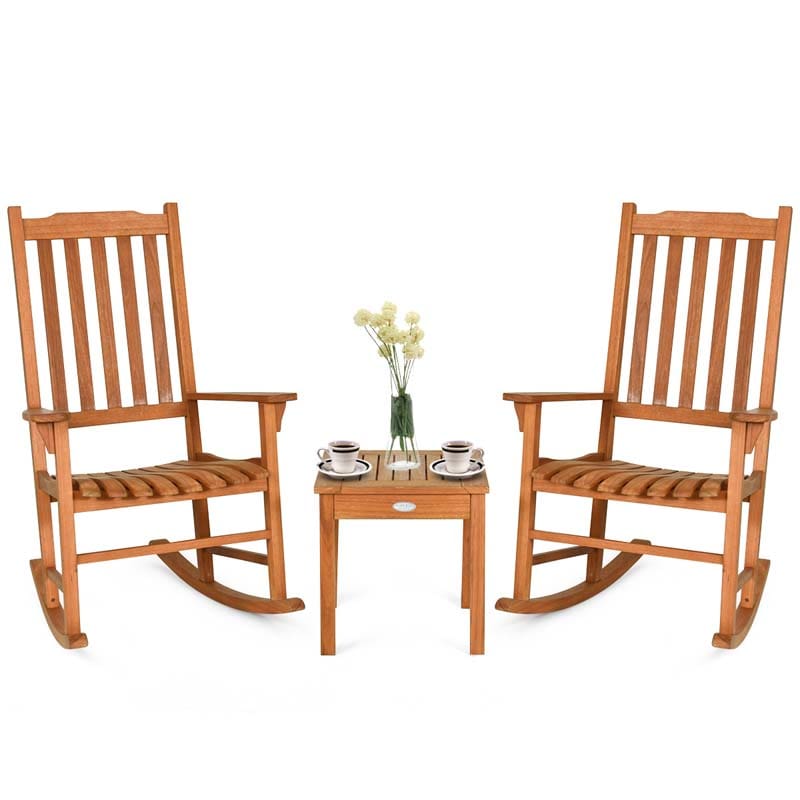 3 Piece Eucalyptus Wood Patio Rocking Chair Set, Outdoor Rocker Bistro Set with Coffee Table for Backyard, Balcony