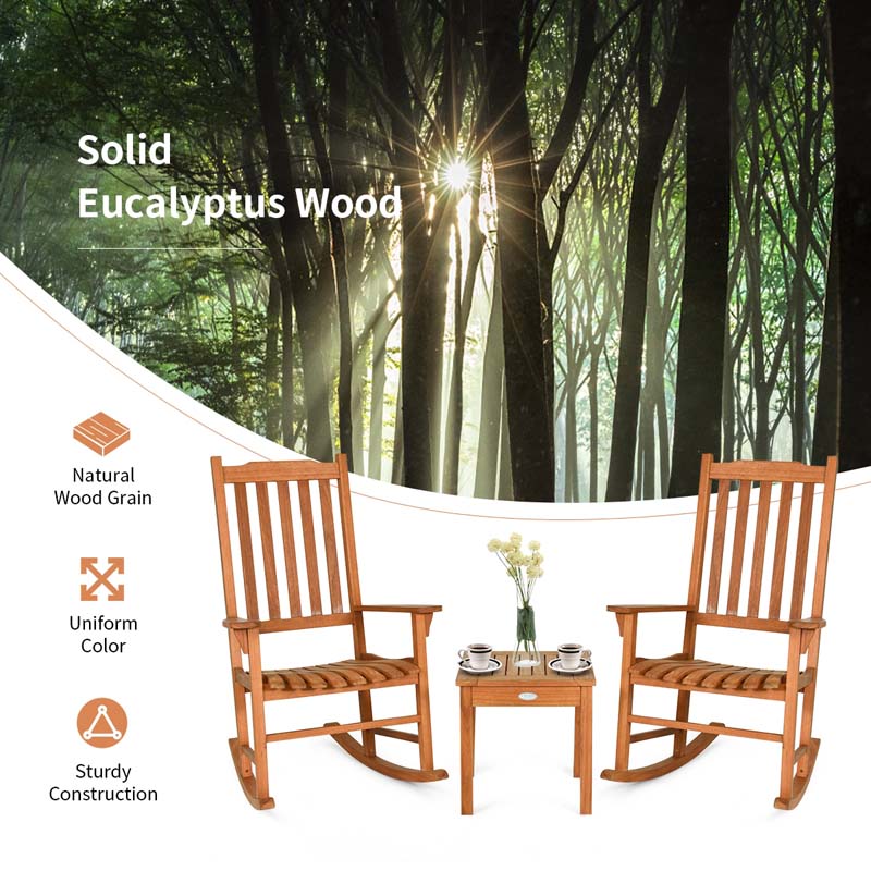 3 Piece Eucalyptus Wood Patio Rocking Chair Set, Outdoor Rocker Bistro Set with Coffee Table for Backyard, Balcony