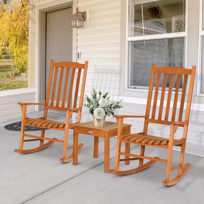3 Piece Eucalyptus Wood Patio Rocking Chair Set, Outdoor Rocker Bistro Set with Coffee Table for Backyard, Balcony