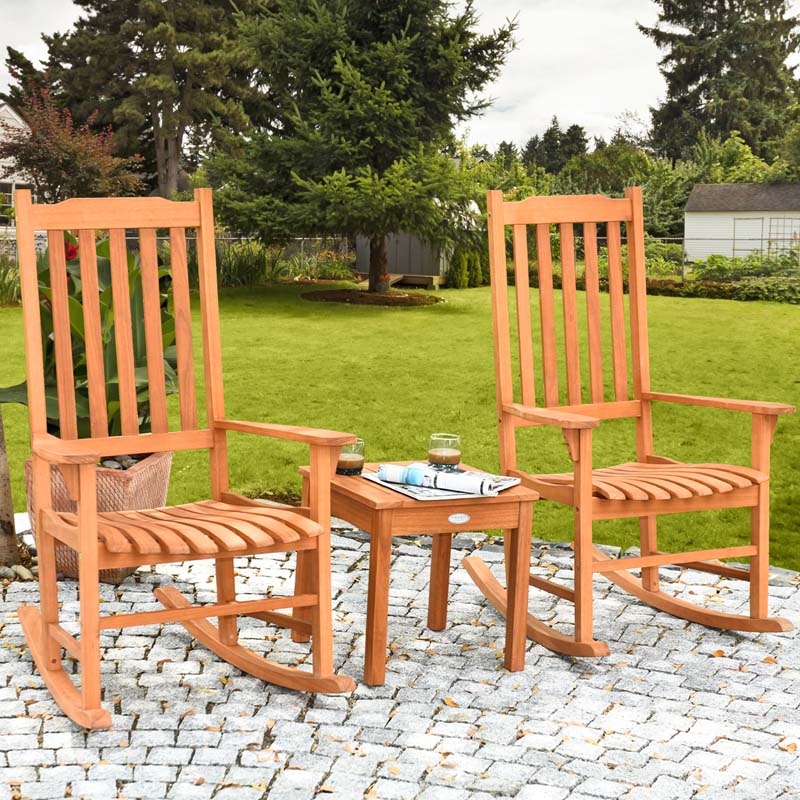 3 Piece Eucalyptus Wood Patio Rocking Chair Set, Outdoor Rocker Bistro Set with Coffee Table for Backyard, Balcony