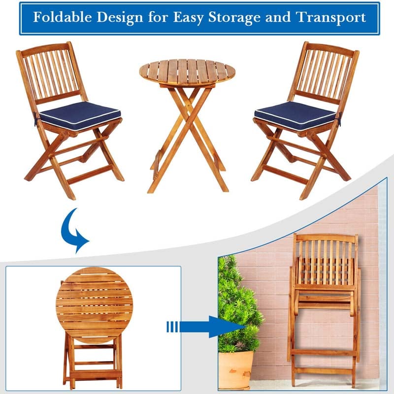 3 Pcs Acacia Wood Patio Folding Bistro Set Outdoor Chair Table Set with Padded Cushion & Round Coffee Table