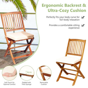 3 Pcs Acacia Wood Patio Folding Bistro Set Outdoor Chair Table Set with Padded Cushion & Round Coffee Table