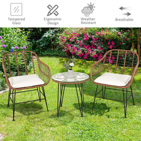 3 Pcs Patio Conversation Bistro Set Outdoor Rattan Furniture Set with Round Table & 2 Rattan Cushioned Armchairs