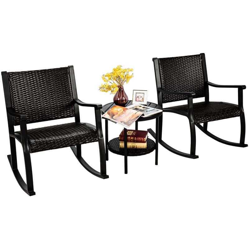 3 Pcs Rattan Patio Rocking Bistro Set with Side Table & Extra Storage Shelf, Outdoor Rocking Chair Furniture Set