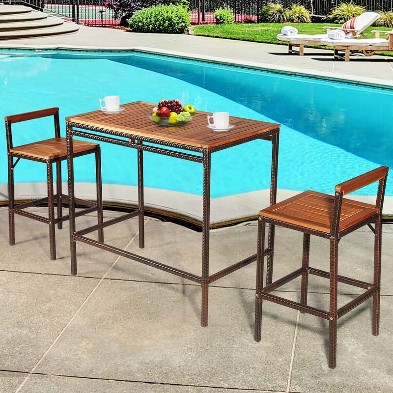 3 Pcs Rattan Wicker Patio Bar Set Dining Table Set Counter Height Bistro Set with Acacia Wood Tabletop & 2 Bar Stools