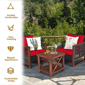 3 Pcs Rattan Patio Furniture Sofa Set Outdoor Conversation Bistro Set with Acacia Wooden Frame & Cushions