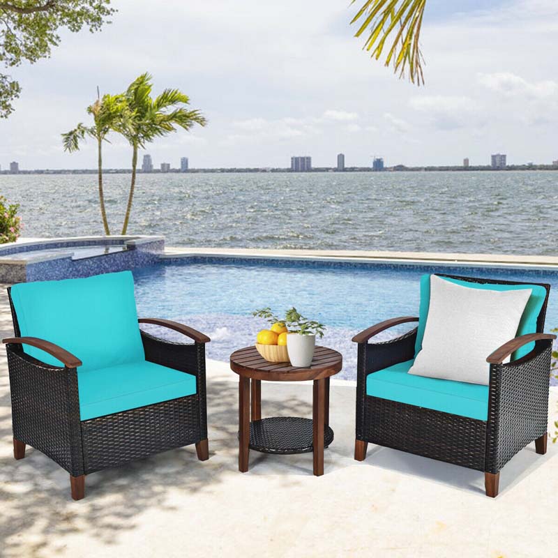 3 Pcs Patio Furniture Set Outdoor Rattan Sofa & Side Table Conversation Bistro Set with Acacia Wood Frame
