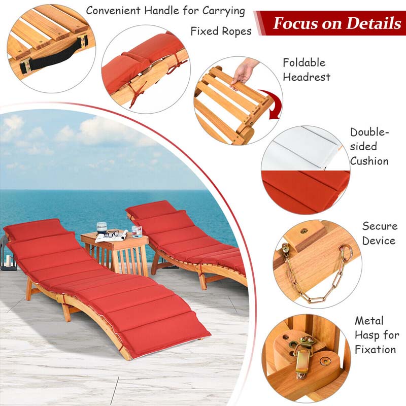 3 Pieces Outdoor Folding Wood Lounge Chair Set with Foldable Side Table & Cushioned Pads, Wooden Patio Sun Lounger for Pool Deck