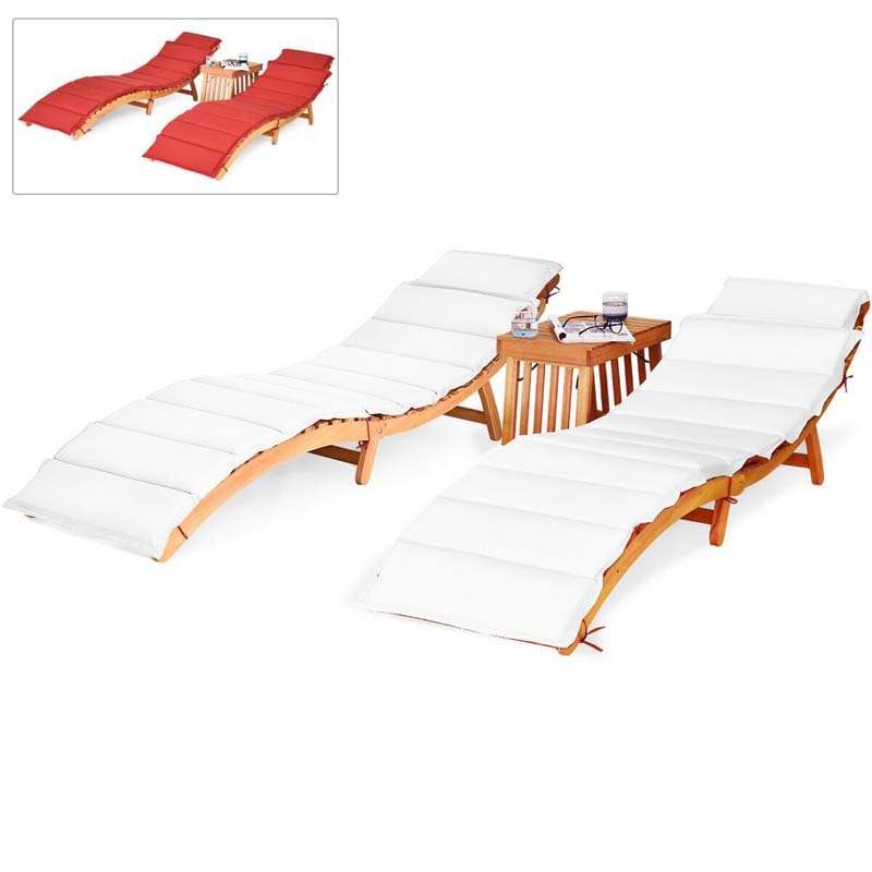 3 Pieces Outdoor Folding Wood Lounge Chair Set with Foldable Side Table & Cushioned Pads, Wooden Patio Sun Lounger for Pool Deck
