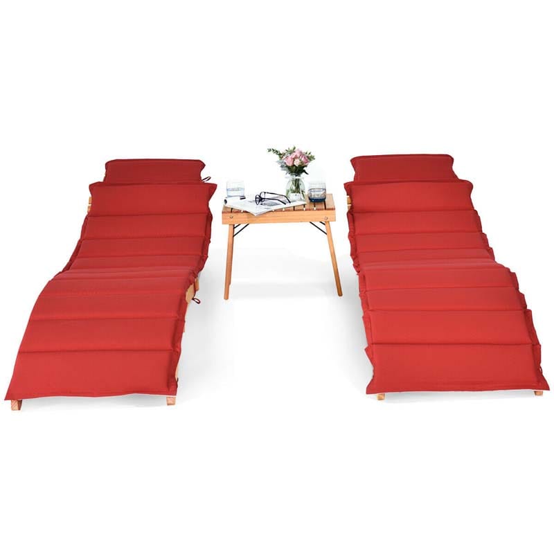 3 Pieces Outdoor Folding Wood Lounge Chair Set with Foldable Side Table & Cushioned Pads, Wooden Patio Sun Lounger for Pool Deck