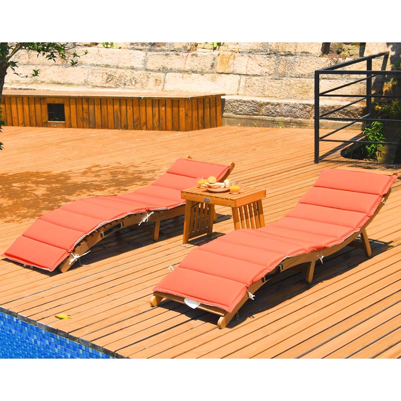 3 Pieces Outdoor Folding Wood Lounge Chair Set with Foldable Side Table & Cushioned Pads, Wooden Patio Sun Lounger for Pool Deck