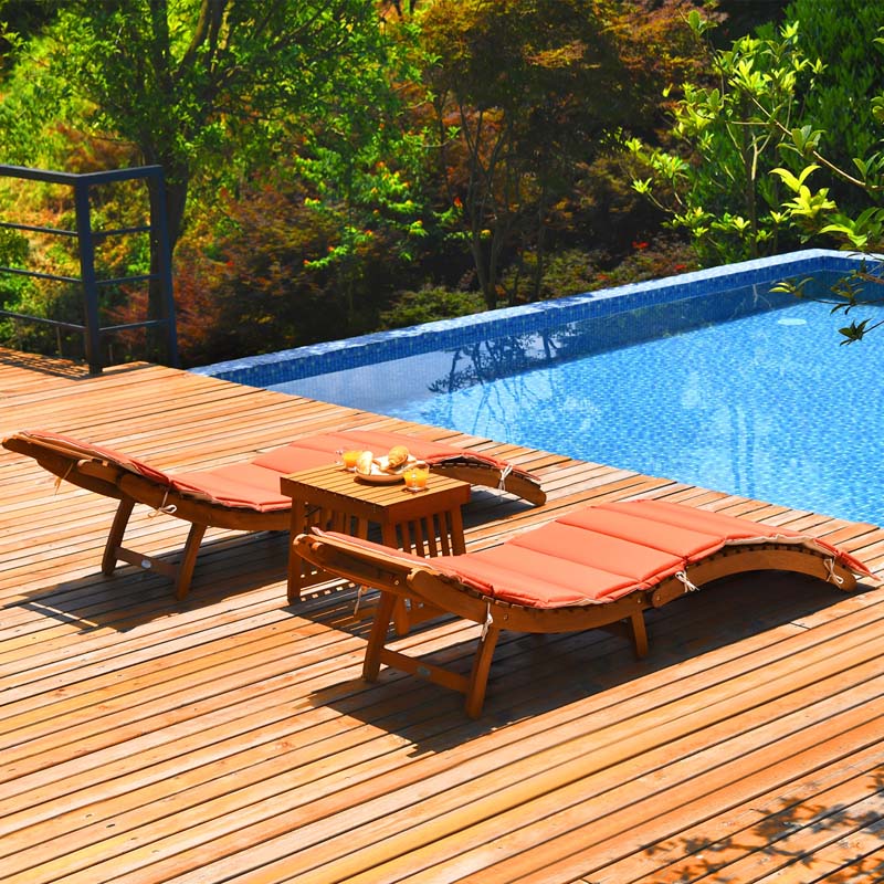 3 Pieces Outdoor Folding Wood Lounge Chair Set with Foldable Side Table & Cushioned Pads, Wooden Patio Sun Lounger for Pool Deck