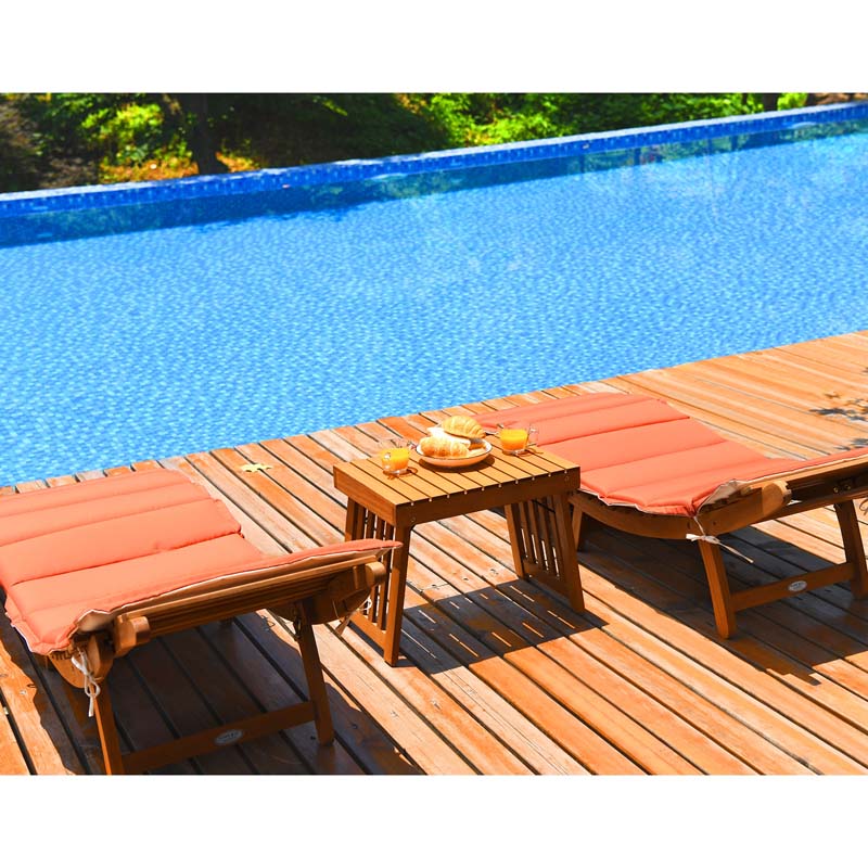 3 Pieces Outdoor Folding Wood Lounge Chair Set with Foldable Side Table & Cushioned Pads, Wooden Patio Sun Lounger for Pool Deck