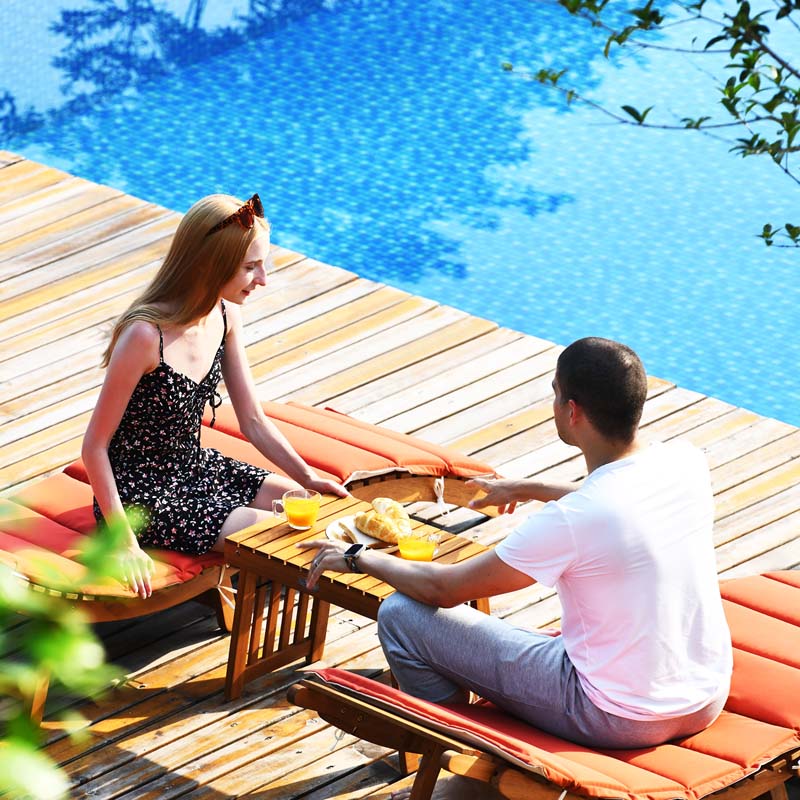 3 Pieces Outdoor Folding Wood Lounge Chair Set with Foldable Side Table & Cushioned Pads, Wooden Patio Sun Lounger for Pool Deck