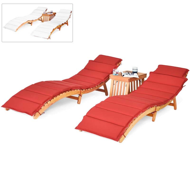 3 Pieces Outdoor Folding Wood Lounge Chair Set with Foldable Side Table & Cushioned Pads, Wooden Patio Sun Lounger for Pool Deck
