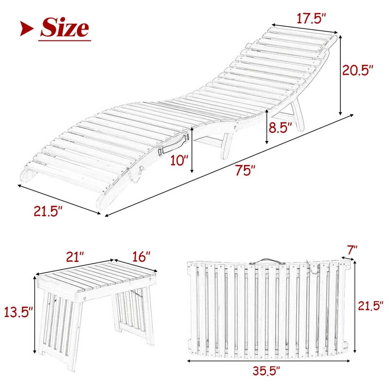 3 Pieces Outdoor Folding Wood Lounge Chair Set with Foldable Side Table & Cushioned Pads, Wooden Patio Sun Lounger for Pool Deck