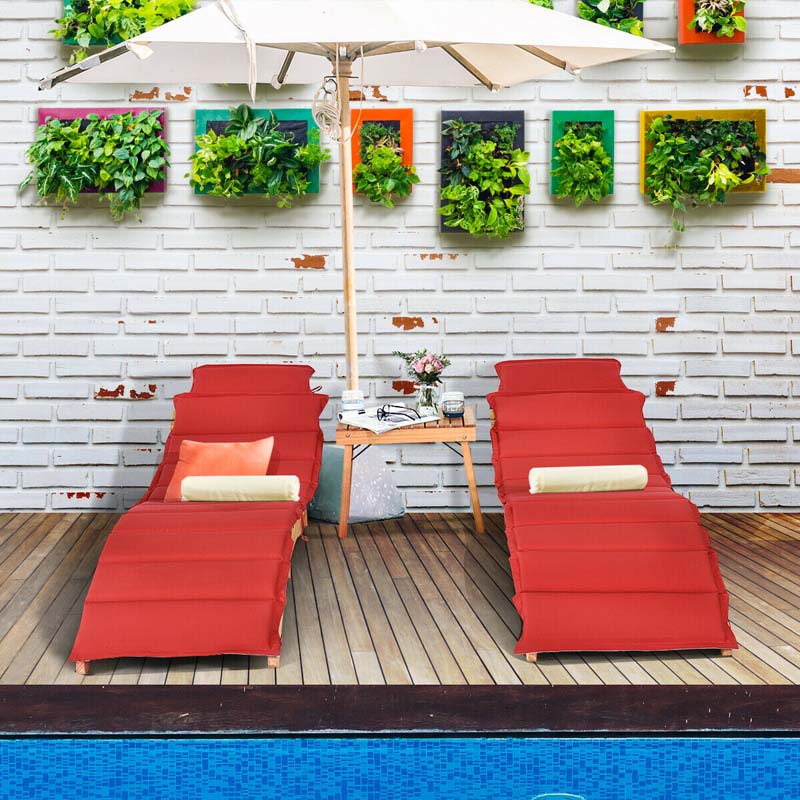 3 Pieces Outdoor Folding Wood Lounge Chair Set with Foldable Side Table & Cushioned Pads, Wooden Patio Sun Lounger for Pool Deck