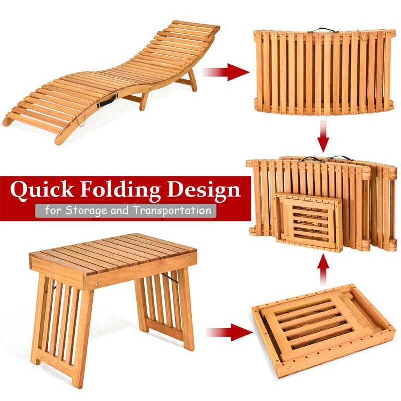3 Pieces Outdoor Folding Wood Lounge Chair Set with Foldable Side Table & Cushioned Pads, Wooden Patio Sun Lounger for Pool Deck