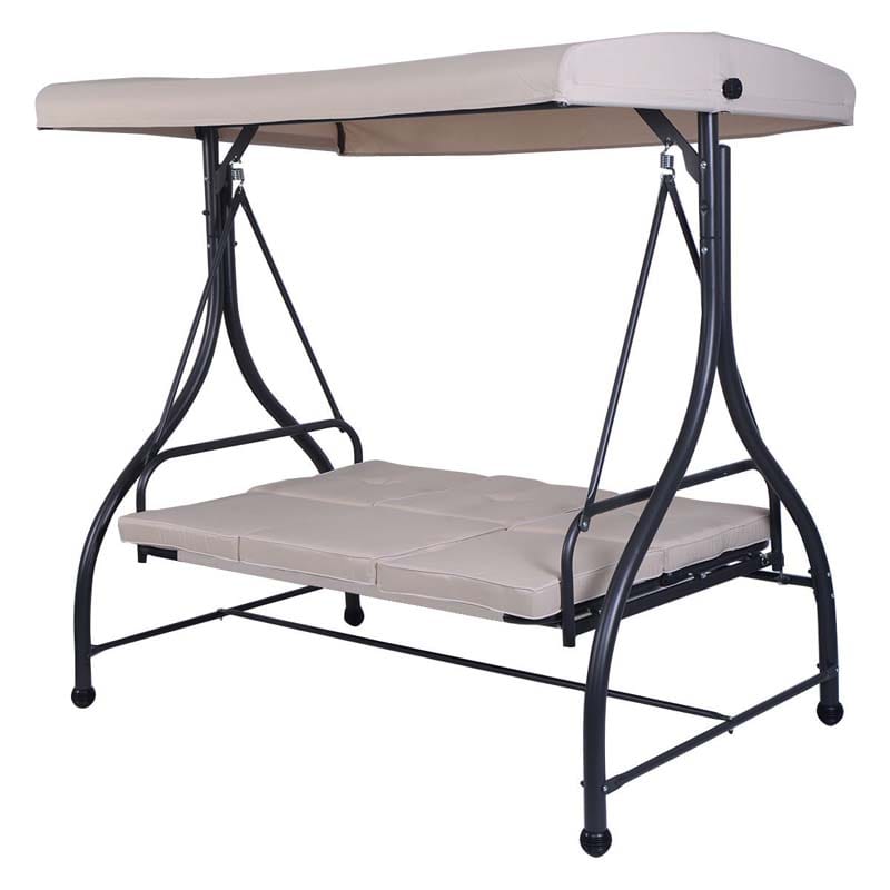 3-Person Porch Swing 2-in-1 Convertible Patio Swing Bed with Adjustable Canopy, Removable Cushions & Steel Frame for Backyard, Poolside
