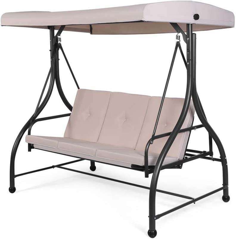 3-Person Porch Swing 2-in-1 Convertible Patio Swing Bed with Adjustable Canopy, Removable Cushions & Steel Frame for Backyard, Poolside