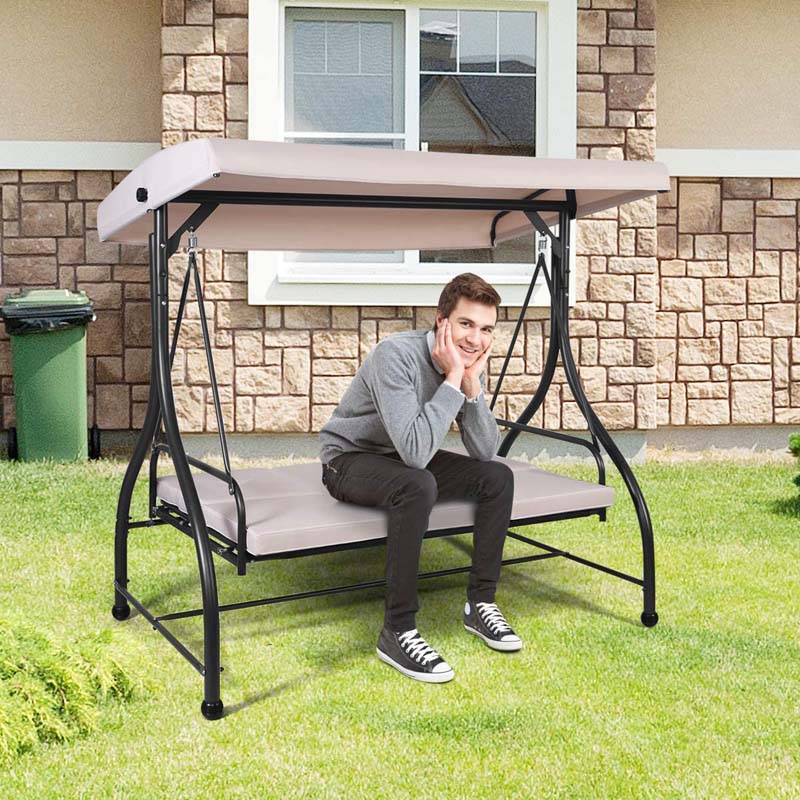 3-Person Porch Swing 2-in-1 Convertible Patio Swing Bed with Adjustable Canopy, Removable Cushions & Steel Frame for Backyard, Poolside