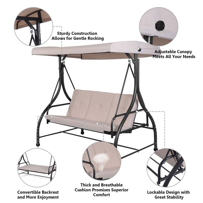 3-Person Porch Swing 2-in-1 Convertible Patio Swing Bed with Adjustable Canopy, Removable Cushions & Steel Frame for Backyard, Poolside