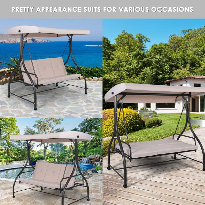 3-Person Porch Swing 2-in-1 Convertible Patio Swing Bed with Adjustable Canopy, Removable Cushions & Steel Frame for Backyard, Poolside