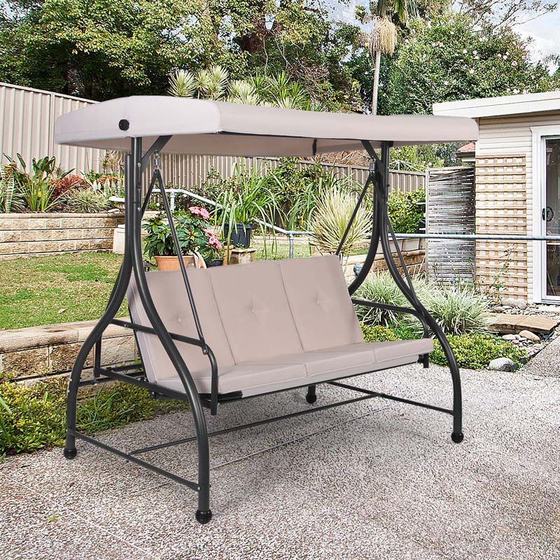 3-Person Porch Swing 2-in-1 Convertible Patio Swing Bed with Adjustable Canopy, Removable Cushions & Steel Frame for Backyard, Poolside