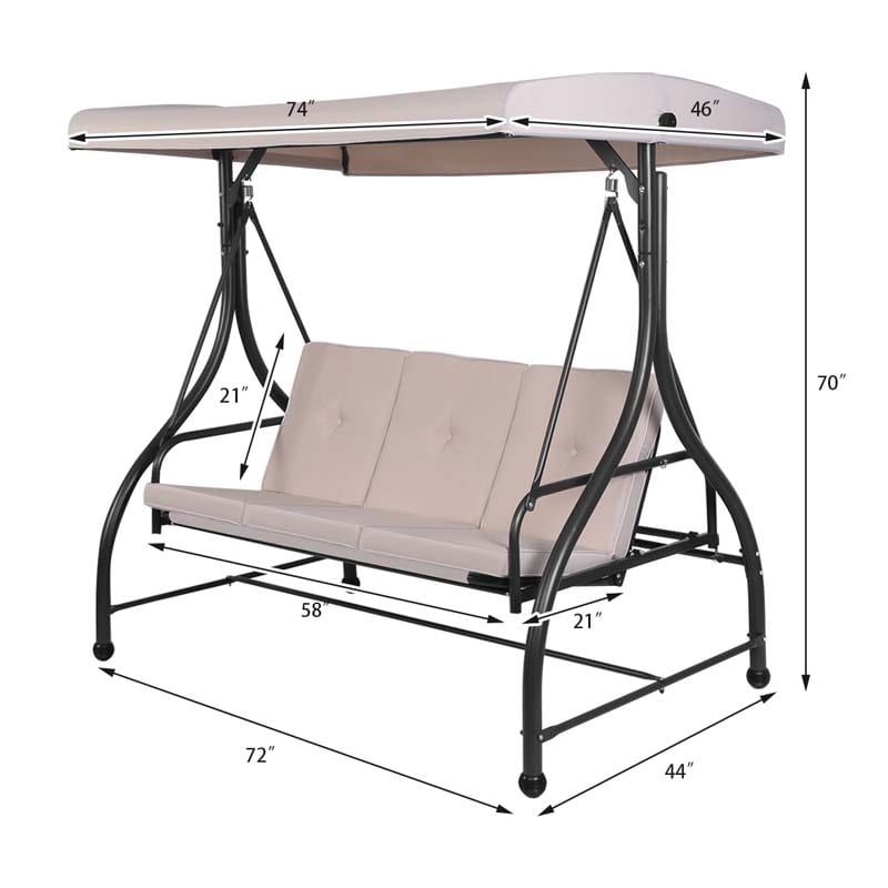 3-Person Porch Swing 2-in-1 Convertible Patio Swing Bed with Adjustable Canopy, Removable Cushions & Steel Frame for Backyard, Poolside