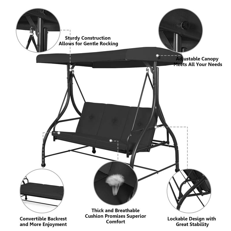 3-Person Porch Swing 2-in-1 Convertible Patio Swing Bed with Adjustable Canopy, Removable Cushions & Steel Frame for Backyard, Poolside