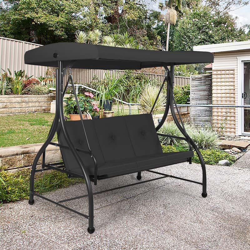 3-Person Porch Swing 2-in-1 Convertible Patio Swing Bed with Adjustable Canopy, Removable Cushions & Steel Frame for Backyard, Poolside
