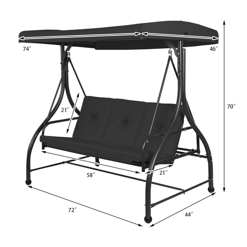 3-Person Porch Swing 2-in-1 Convertible Patio Swing Bed with Adjustable Canopy, Removable Cushions & Steel Frame for Backyard, Poolside