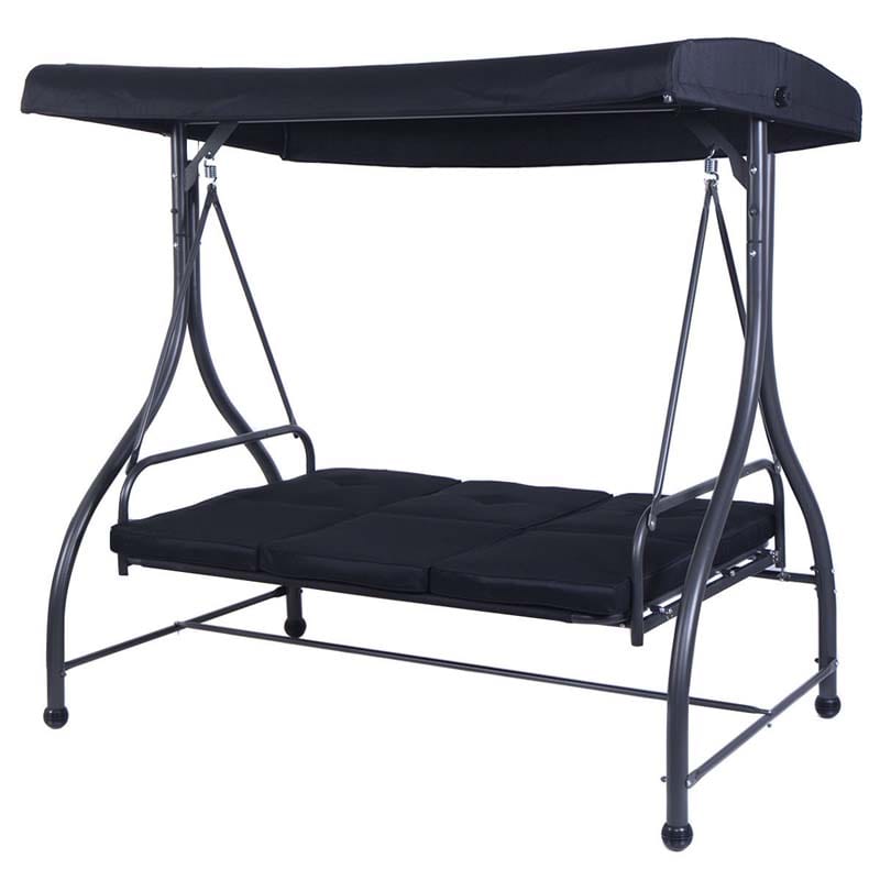 3-Person Porch Swing 2-in-1 Convertible Patio Swing Bed with Adjustable Canopy, Removable Cushions & Steel Frame for Backyard, Poolside